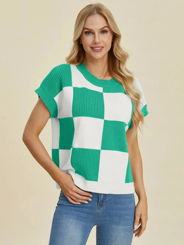 Double Take Full Size Checkered Round Neck Short Sleeve Sweater Turquoise - Fashorio