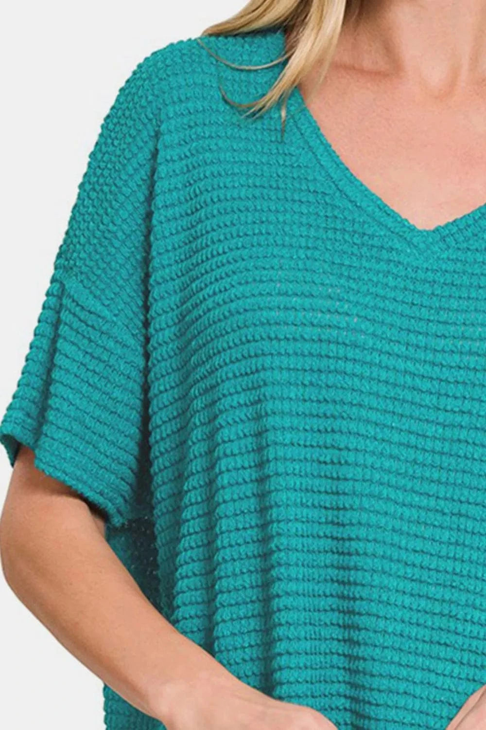 Zenana Drop Shoulder Short Sleeve Jacquard Knit Top - Fashorio