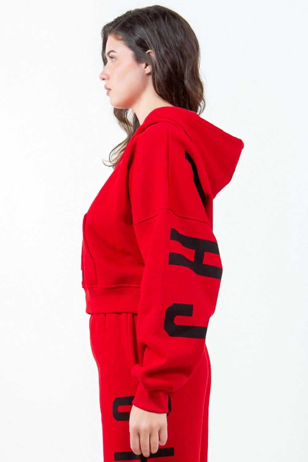 American Bazi Letter Graphic Long Sleeve Drawstring Cropped Hoodie - Fashorio
