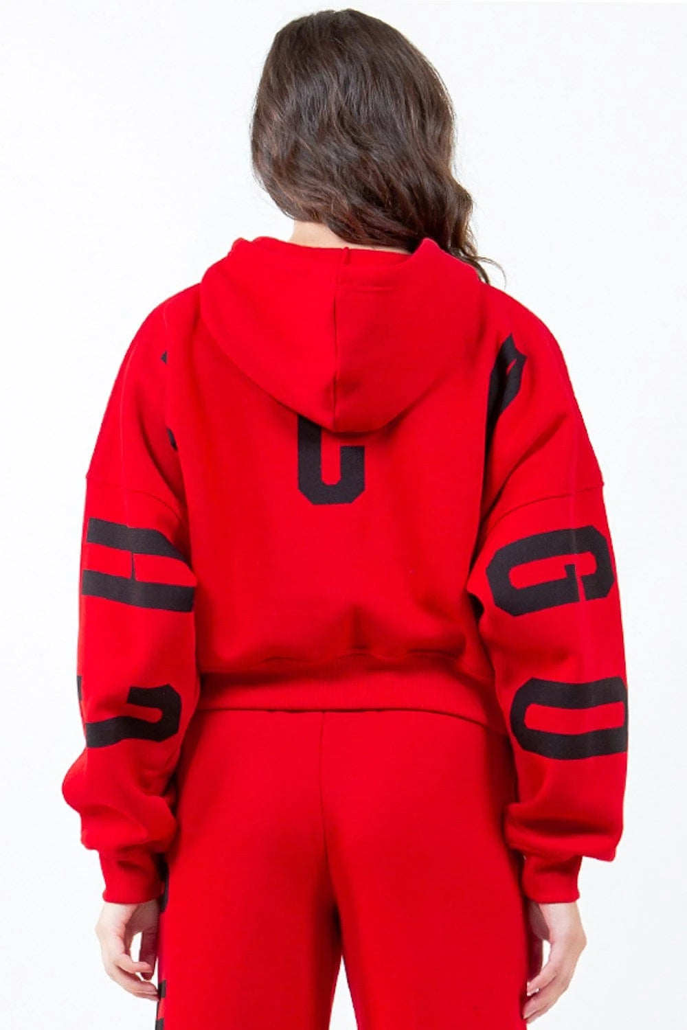 American Bazi Letter Graphic Long Sleeve Drawstring Cropped Hoodie - Fashorio