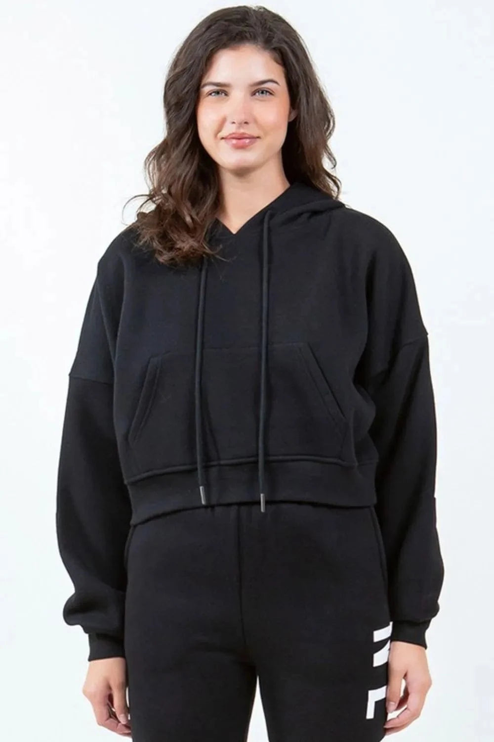 American Bazi Letter Graphic Long Sleeve Drawstring Cropped Hoodie - Fashorio