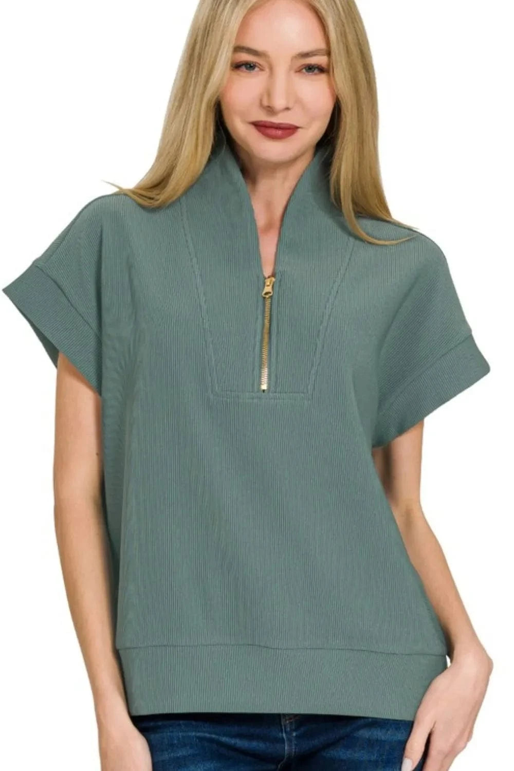 Zenana Ribbed High Neck Half Zip Top ASH JADE - Fashorio
