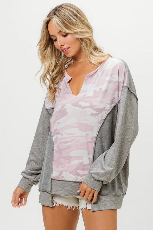 BiBi Camo Printed French Terry Knit Color Block Top - Fashorio