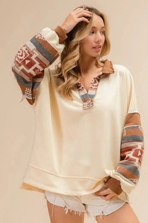 BiBi French Terry Knit and Aztec Print Mixed Top - Fashorio