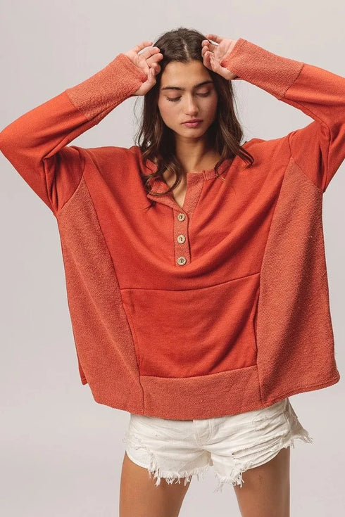 BiBi French Terry Knit Side Block Buttoned Henley Top - Fashorio