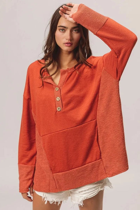 BiBi French Terry Knit Side Block Buttoned Henley Top - Fashorio