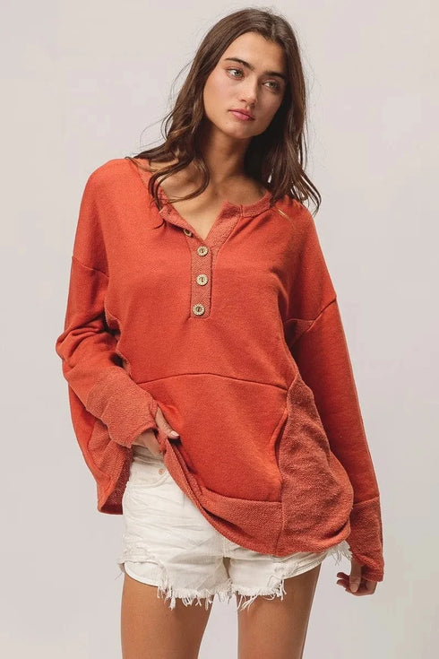 BiBi French Terry Knit Side Block Buttoned Henley Top - Fashorio
