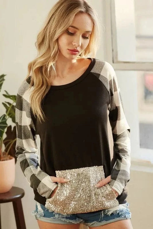 BiBi French Terry Top with Sequins Kangaroo Pocket - Fashorio