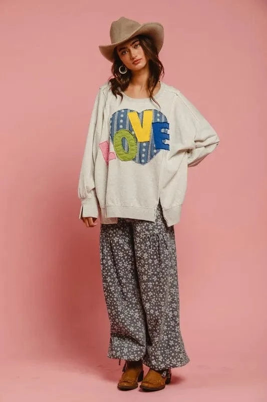 BiBi LOVE Heart Patch Slit French Terry Sweatshirt - Fashorio