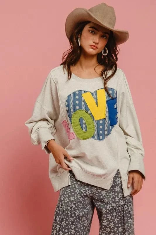 BiBi LOVE Heart Patch Slit French Terry Sweatshirt - Fashorio
