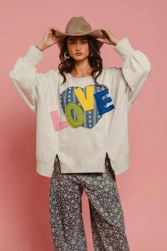 BiBi LOVE Heart Patch Slit French Terry Sweatshirt - Fashorio