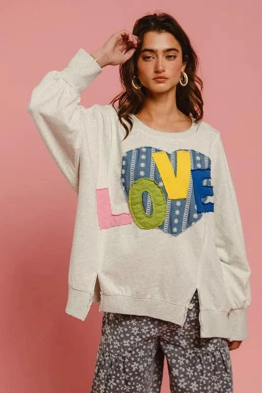 BiBi LOVE Heart Patch Slit French Terry Sweatshirt - Fashorio