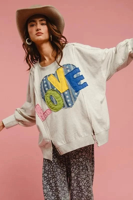 BiBi LOVE Heart Patch Slit French Terry Sweatshirt - Fashorio