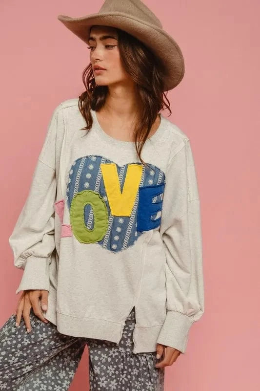BiBi LOVE Heart Patch Slit French Terry Sweatshirt - Fashorio