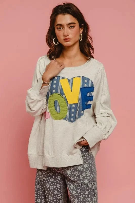 BiBi LOVE Heart Patch Slit French Terry Sweatshirt - Fashorio
