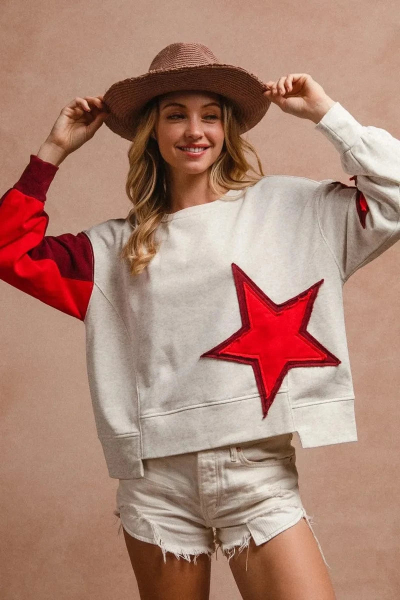 BiBi Star Patch And Spliced Hemline French Terry Long Sleeve Sweatshirt - Fashorio