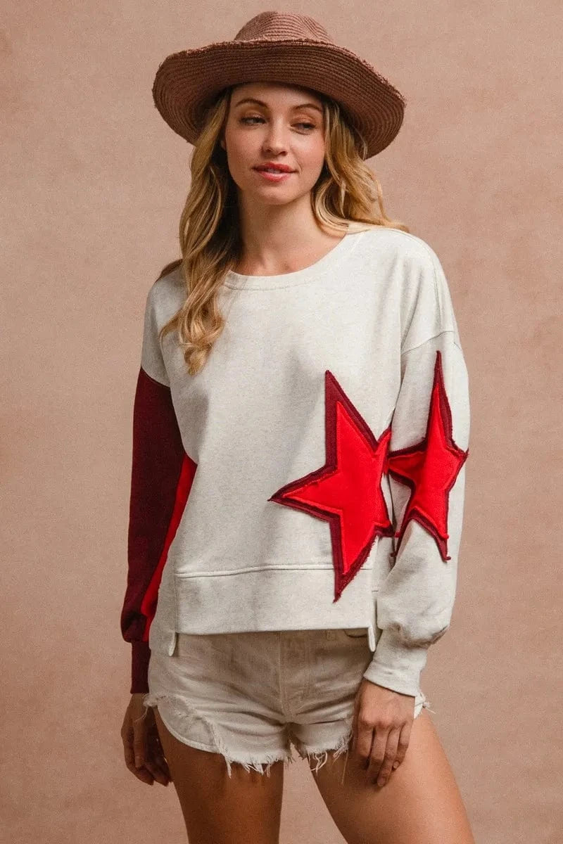 BiBi Star Patch And Spliced Hemline French Terry Long Sleeve Sweatshirt - Fashorio