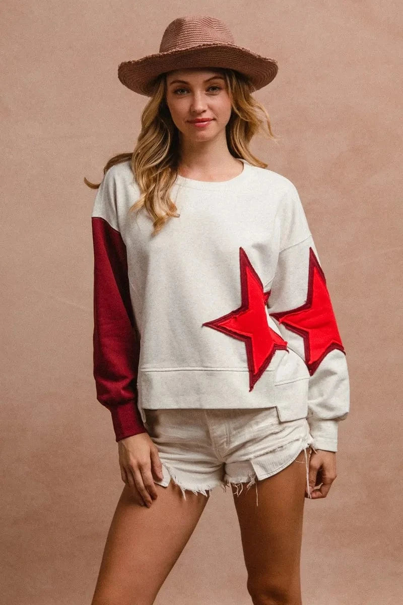 BiBi Star Patch And Spliced Hemline French Terry Long Sleeve Sweatshirt - Fashorio