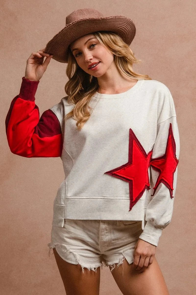 BiBi Star Patch And Spliced Hemline French Terry Long Sleeve Sweatshirt - Fashorio
