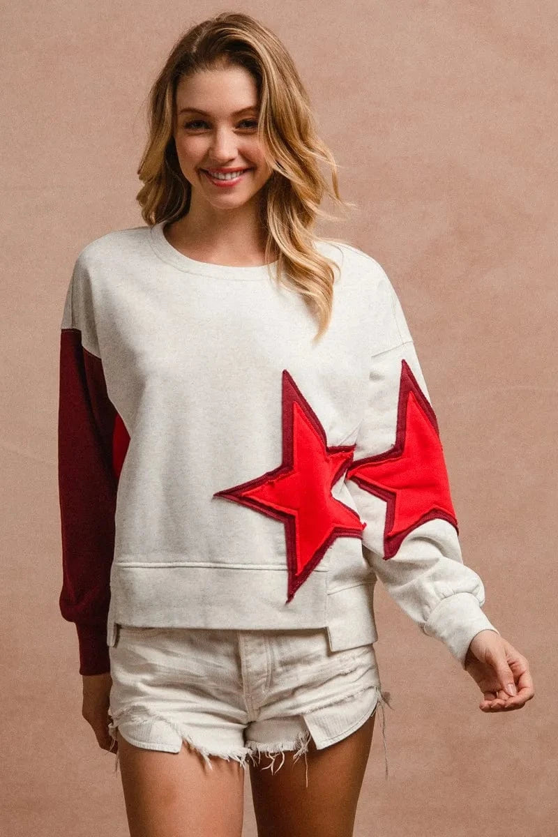 BiBi Star Patch And Spliced Hemline French Terry Long Sleeve Sweatshirt - Fashorio