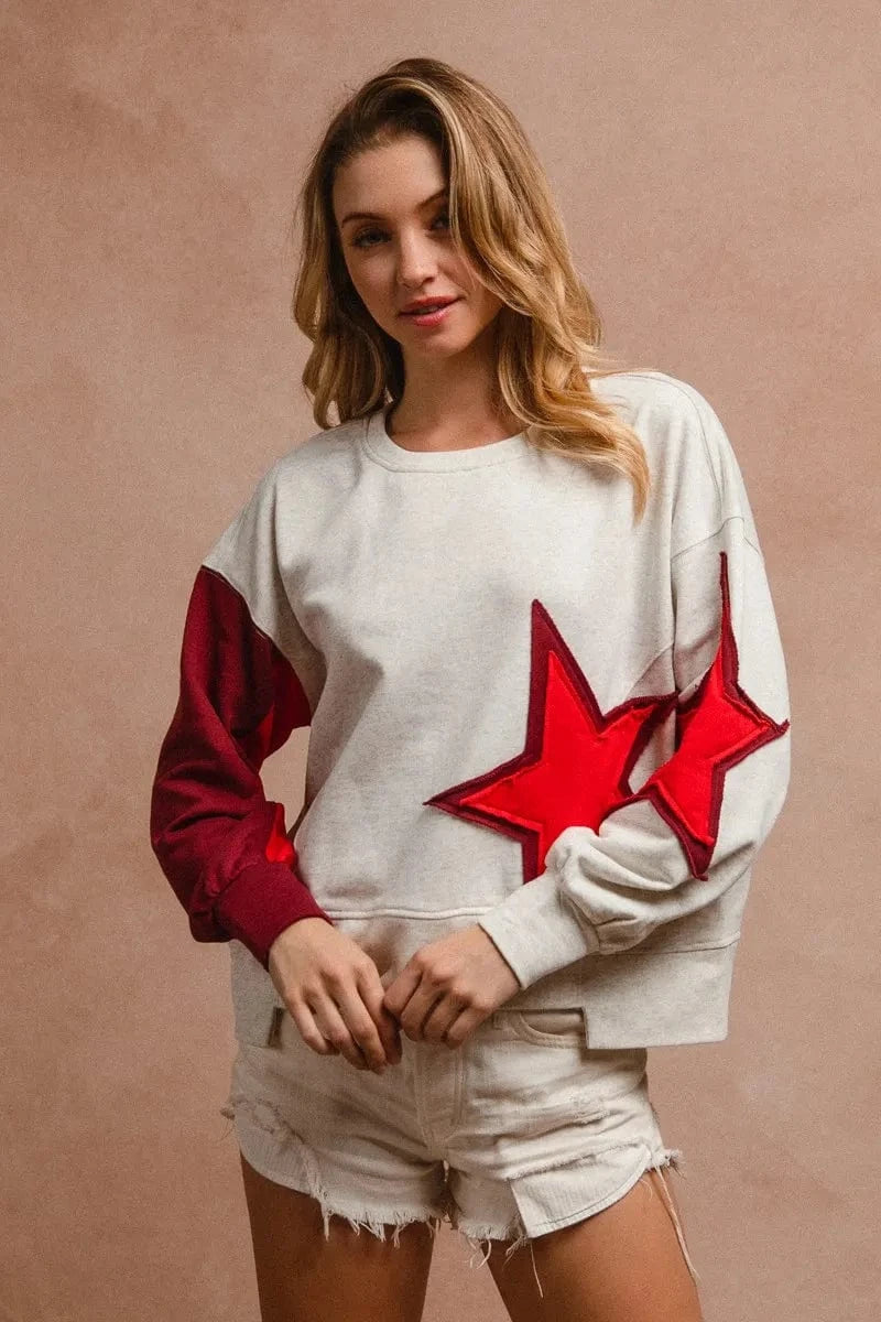 BiBi Star Patch And Spliced Hemline French Terry Long Sleeve Sweatshirt - Fashorio