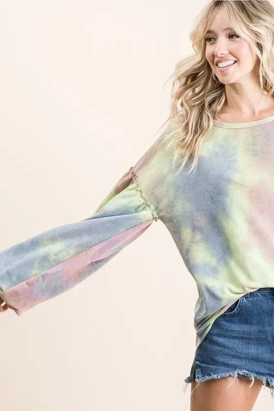 BiBi Tie Dye French Terry Sweatshirt With Bubble Sleeves - Fashorio