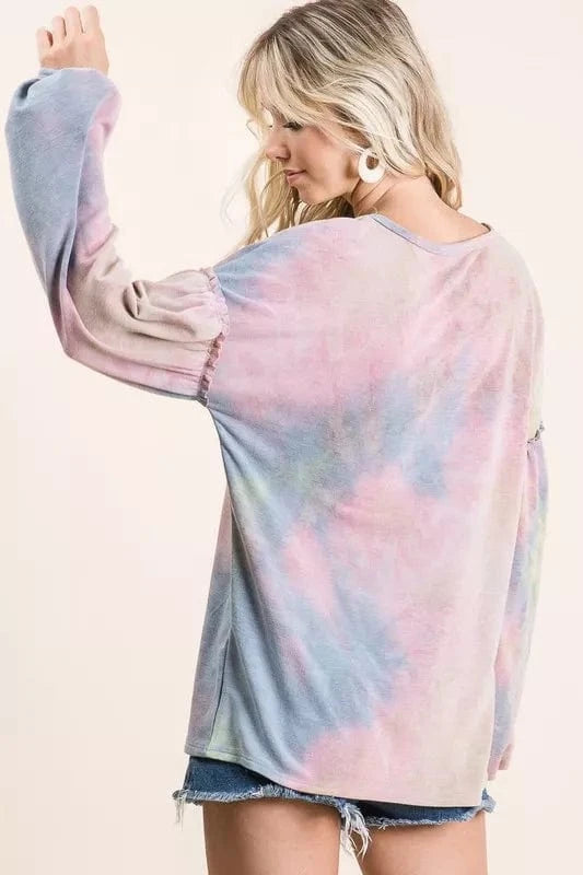 BiBi Tie Dye French Terry Sweatshirt With Bubble Sleeves - Fashorio