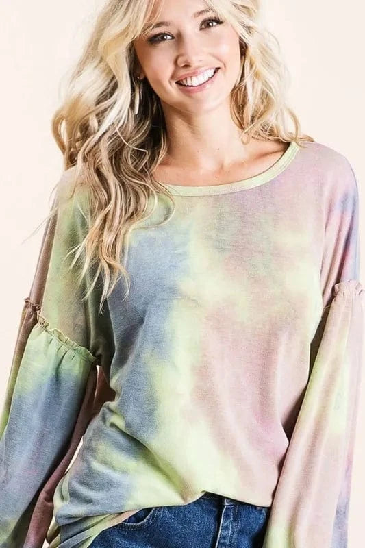 BiBi Tie Dye French Terry Sweatshirt With Bubble Sleeves - Fashorio
