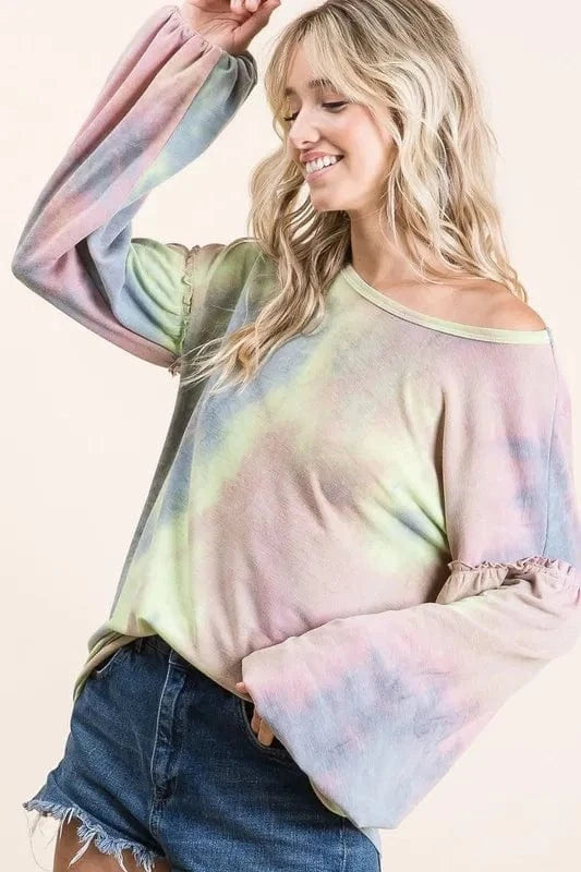 BiBi Tie Dye French Terry Sweatshirt With Bubble Sleeves - Fashorio