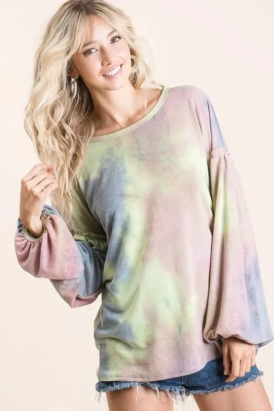 BiBi Tie Dye French Terry Sweatshirt With Bubble Sleeves - Fashorio