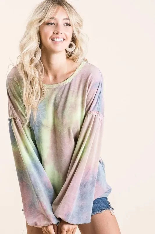 BiBi Tie Dye French Terry Sweatshirt With Bubble Sleeves - Fashorio