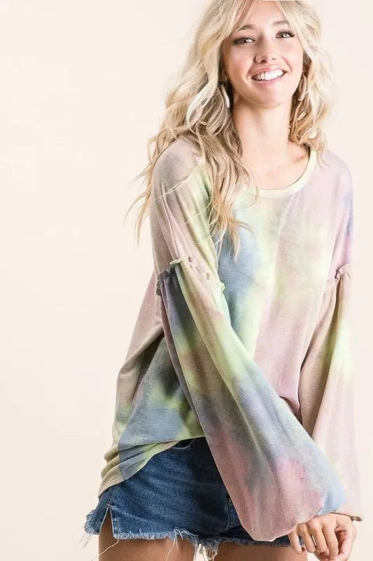 BiBi Tie Dye French Terry Sweatshirt With Bubble Sleeves - Fashorio
