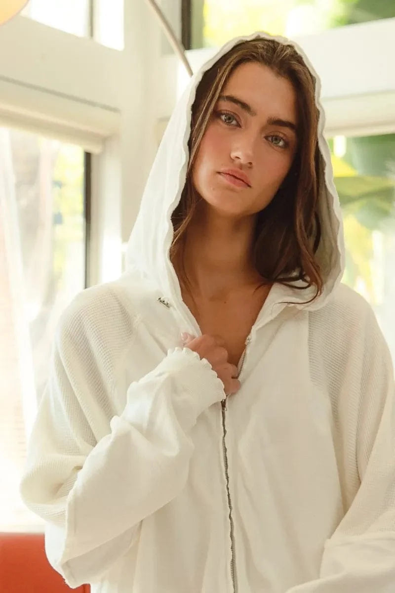 BiBi Waffle Thermal And Terry Mix Washed Zip Up Hoodie - Fashorio