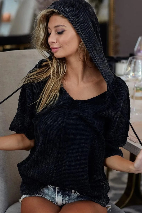 BiBi Mineral Washed Short Sleeve Hoodie Top BLACK CHARCOAL - Fashorio