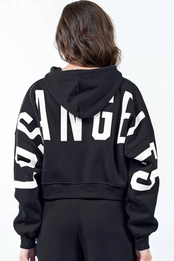 American Bazi Letter Graphic Long Sleeve Drawstring Cropped Hoodie Black - Fashorio