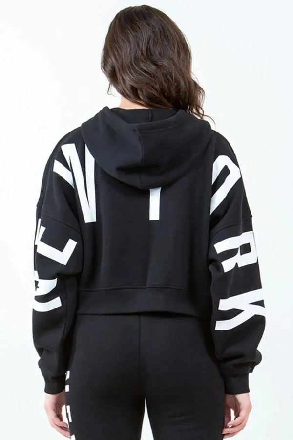 American Bazi Letter Graphic Long Sleeve Drawstring Cropped Hoodie Black - Fashorio
