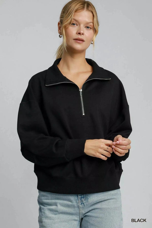 Umgee Half Zip Drop Shoulder Sweatshirt Black - Fashorio
