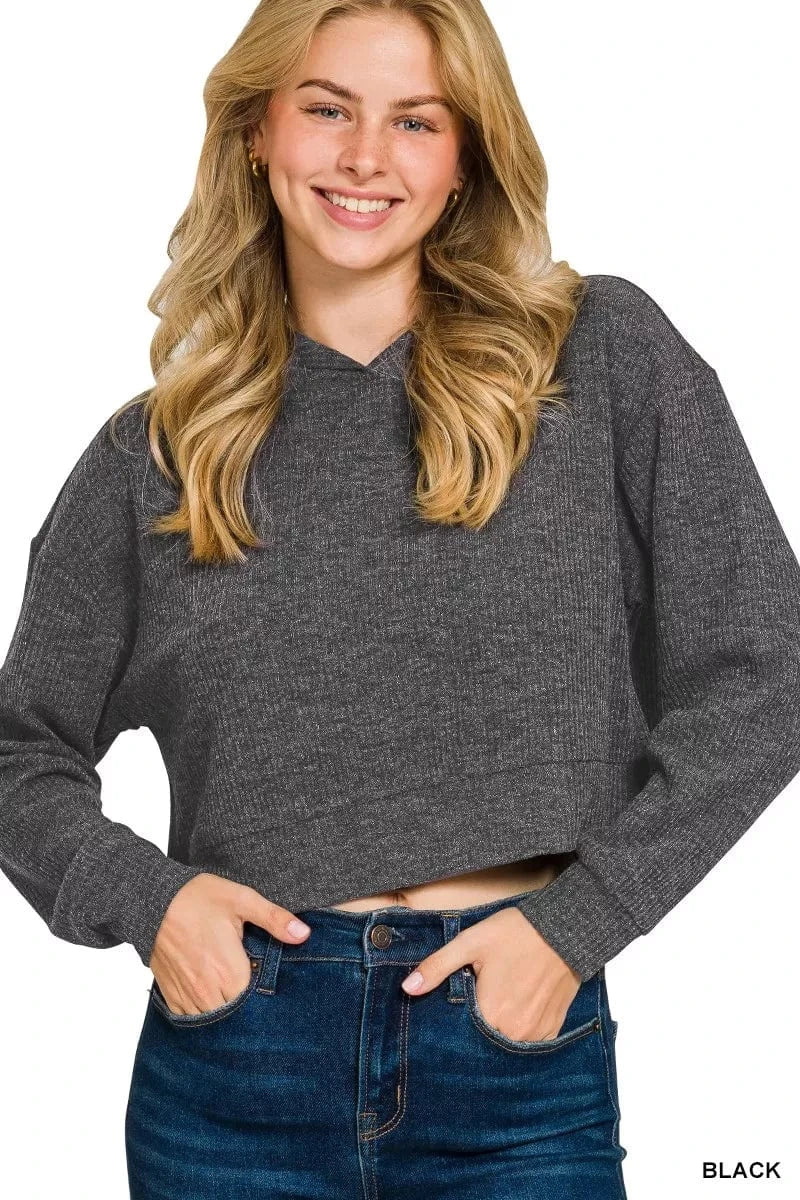 Zenana Drop Shoulder Ribbed Crop Hoodie BLACK - Fashorio