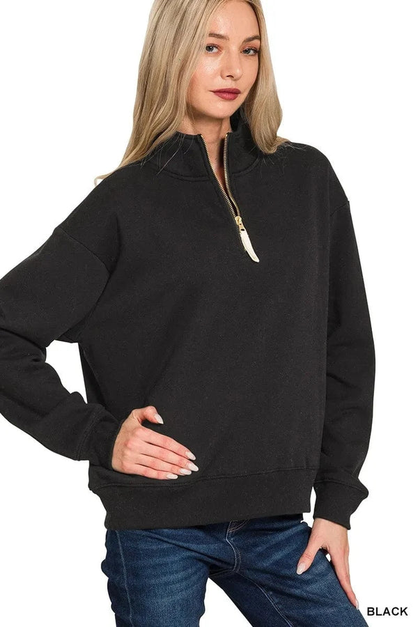 Zenana Fleece Half Zip Sweatshirt BLACK - Fashorio