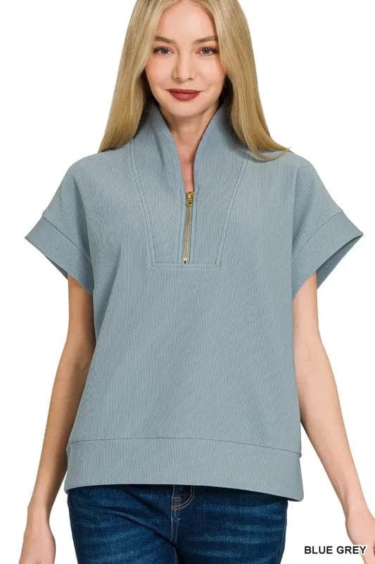 Zenana Ribbed High Neck Half Zip Top BLUE GREY - Fashorio