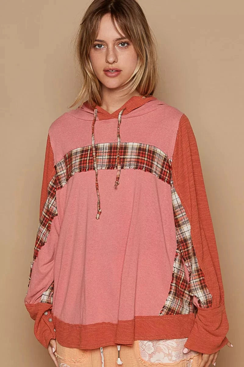 POL Oversized Drawstring Long Sleeve Hoodie with Plaid Detail BLUSH BRICK - Fashorio