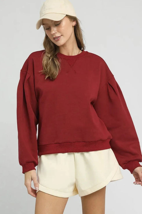 Umgee Round Neck Sweatshirt with Pleated Detail BURGUNDY - Fashorio
