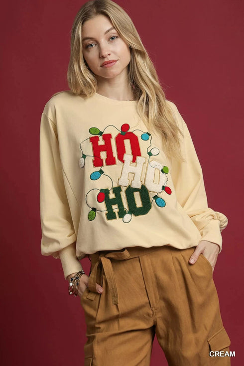 Umgee HO Applique French Terry Sweatshirt Cream - Fashorio