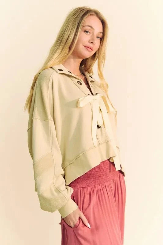 Davi & Dani Lace Up Exposed Seam French Terry Top - Fashorio