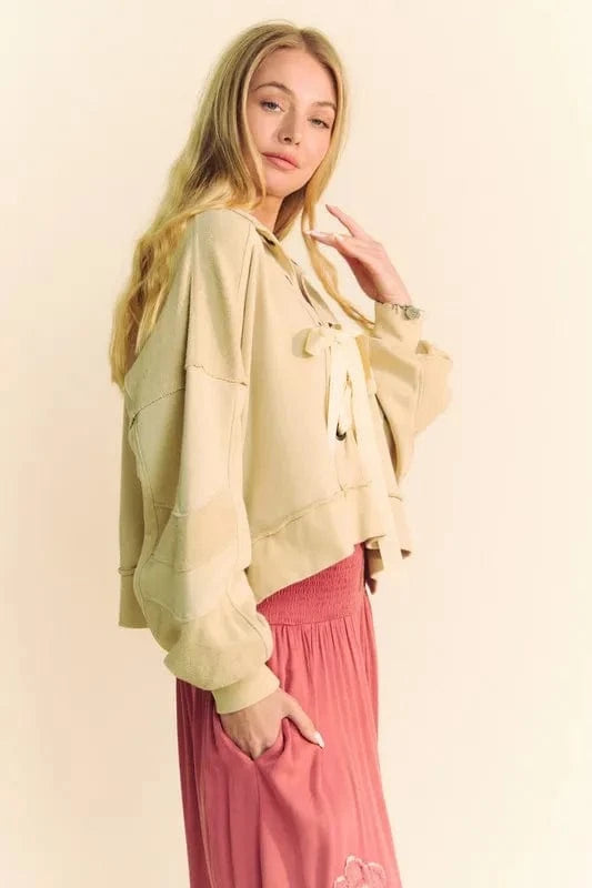 Davi & Dani Lace Up Exposed Seam French Terry Top - Fashorio