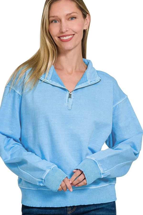 Zenana F/terry Pigment Dye & Enzyme Washing Half Zip Top DEEP SKY - Fashorio