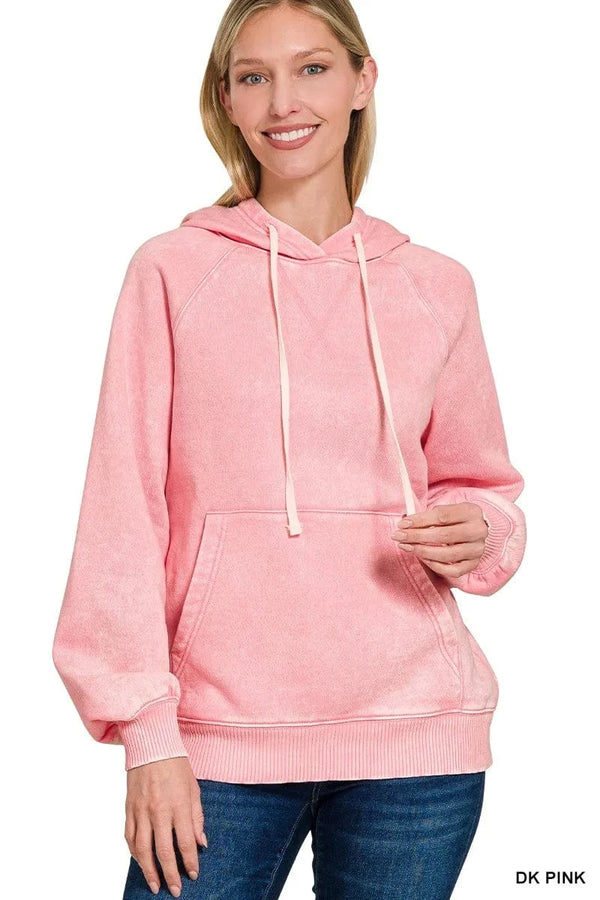 Zenana Acid Wash Fleece Hoodie with Kangaroo Pocket DK PINK - Fashorio