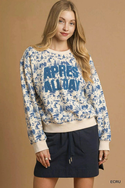Umgee Scenic Print Cropped Sweatshirt ECRU - Fashorio