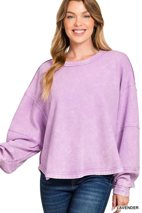 Zenana Acid Washed Exposed-Seam Sweatshirt LAVENDER - Fashorio