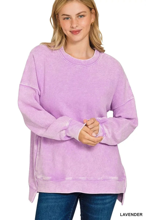 Zenana Acid Washed Double Ribbed Hi-low Sweatshirt LAVENDER - Fashorio